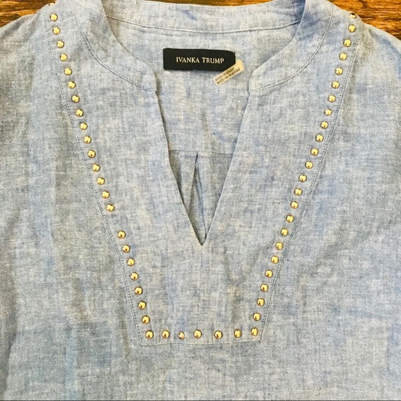 Ivanka Trump Linen Blue Chambray Preppy Work Classy V-Neck Boho Beaded Blouse - Picture 5 of 7